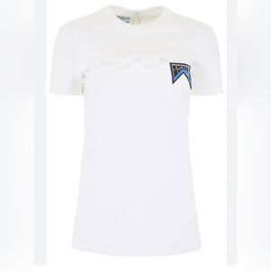 Prada White Top With Ruffle and Prada Logo Patch Detail. Size: IT 44 US 12.